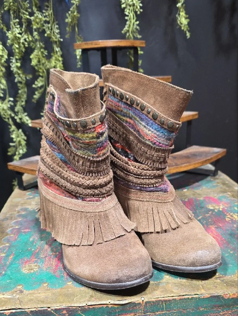 Naughty Monkey Brown Suede Fringe Ankle Boots with Multicolor Yarn Trim